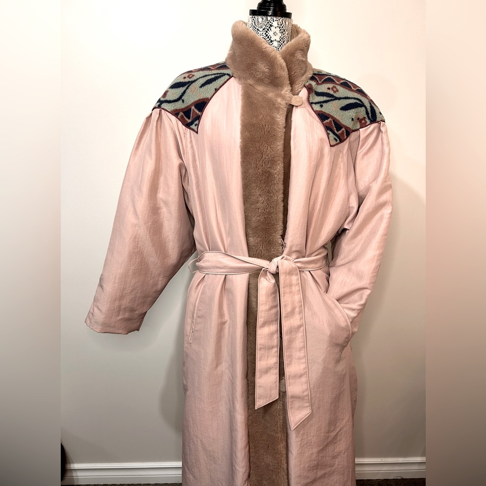 Vintage Luba Paris full length faux fur trim fleece detail lined trench coat